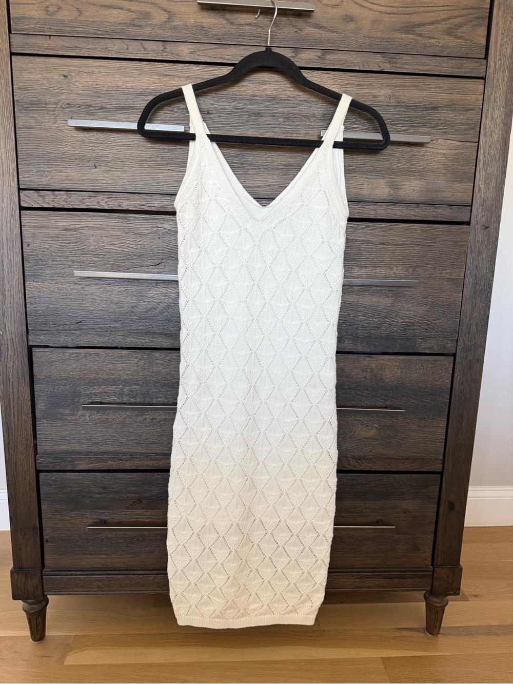 Cream Knit V-Neck Midi Dress with Diamond Texture